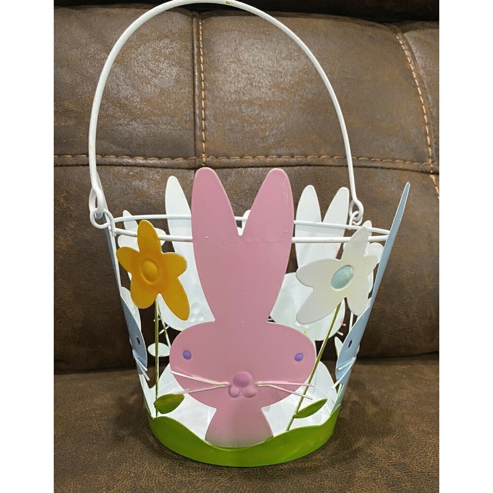 Cute Easter Spring Metal Basket Bucket - With Bunnies And Flowers
